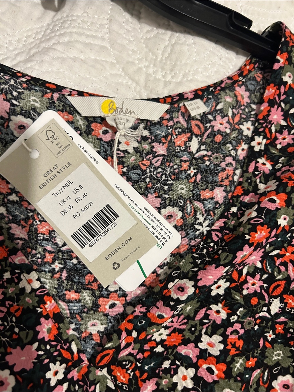 Boden Olive Floral V-Neck Blouse with Pink and White Flowers NWT - Picture 2 of 9